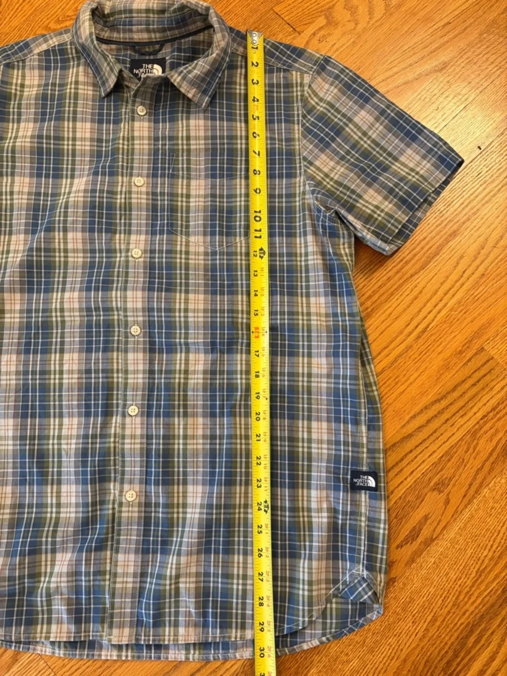 The North Face Short Sleeve Shirt Blue Green Plaid Hiking Camping Outdoor |L